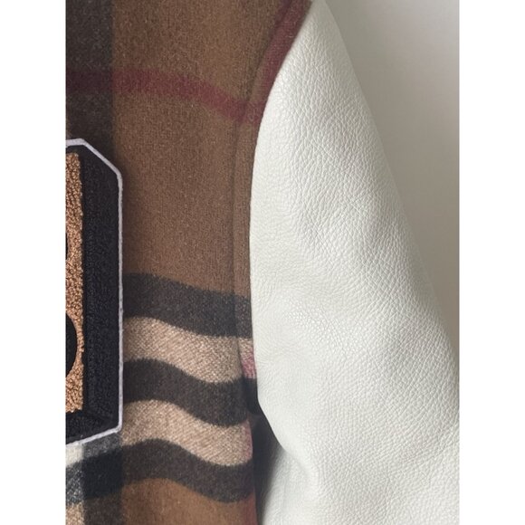 Burberry Wool & Leather Varsity Jacket With Plaid Design & Logo Patch - Picture 5 of 15